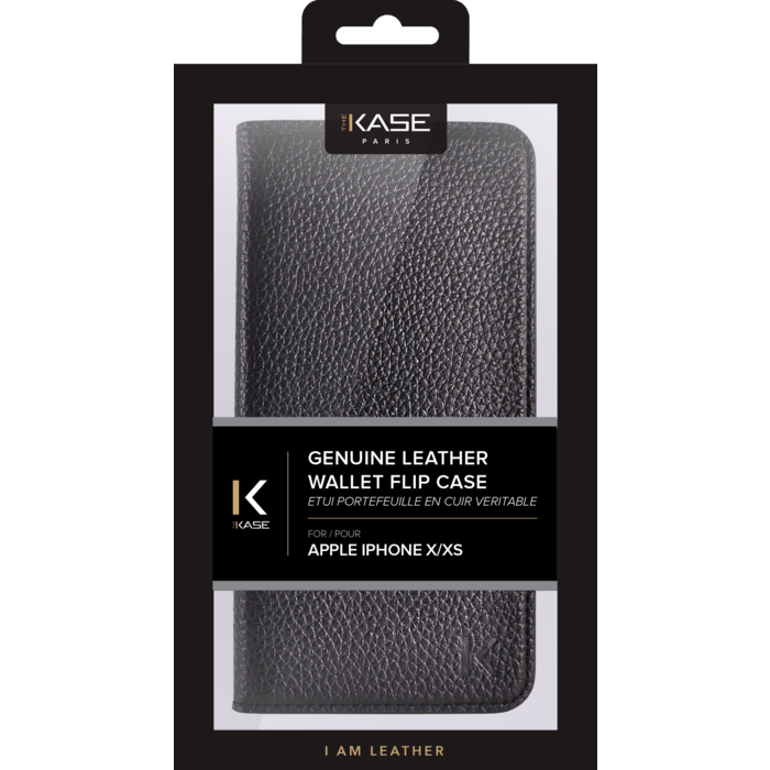 &Eacute;tui portefeuille en cuir v&eacute;ritable pour Apple iPhone X/XS, cuir de Veau Shrunken Noir