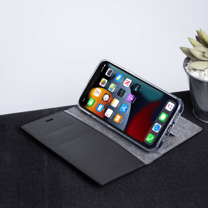 Diarycase 2.0 Coque clapet en cuir v&eacute;ritable avec support aimant&eacute; pour Apple iPhone 13, Noir Minuit