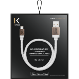 C&acirc;ble Lightning certifi&eacute; MFi Apple Charge/Sync (0.3M) Cuir veritable Bois de Noyer Blanc