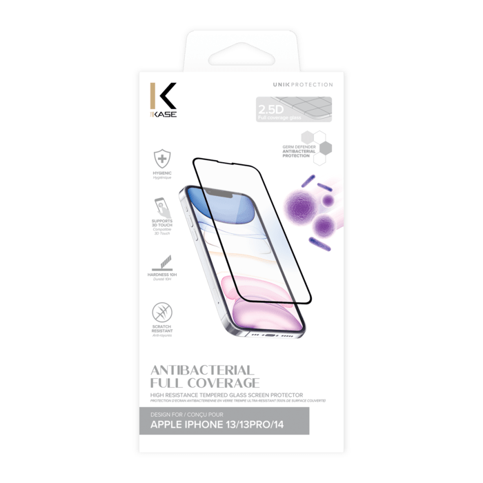 Protection d’écran antibactérienne en verre trempé ultra-résistant (100% de surface couverte) pour Apple iPhone 13/ 13Pro/ 14, Noir