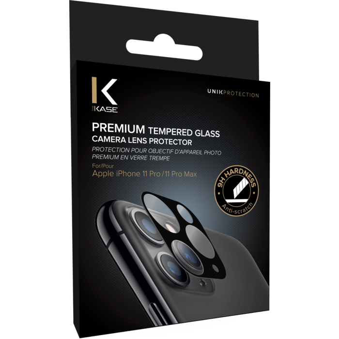 (O) Protection pour objectif d'appareil photo premium en verre tremp&eacute; Apple iPhone 11 Pro/Pro Max, Noir