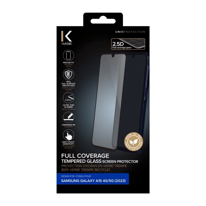 Protection d'&eacute;cran en verre tremp&eacute; (60% verre tremp&eacute; recycl&eacute;) pour Samsung Galaxy A15 4G/5G 2023, Noir