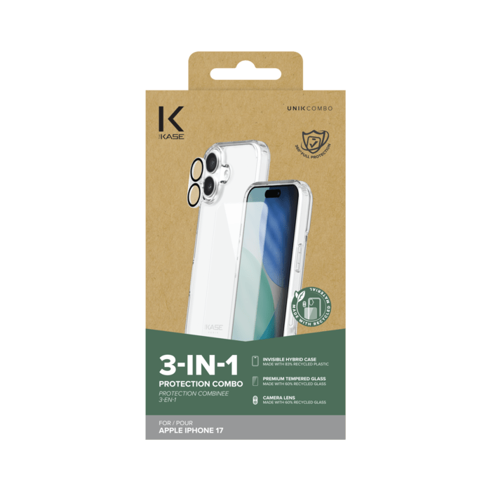 Pack combin&eacute; 3 en 1 (Coque hybride invisible, &Eacute;cran en verre tremp&eacute; de qualit&eacute; sup&eacute;rieure et Protecteur de l&rsquo;objectif de la cam&eacute;ra) pour Apple iPhone 17, Transparente