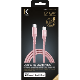 Apple MFi certified Metallic braided USB-C to Lightning Charge/Sync cable (1M), Rose Gold