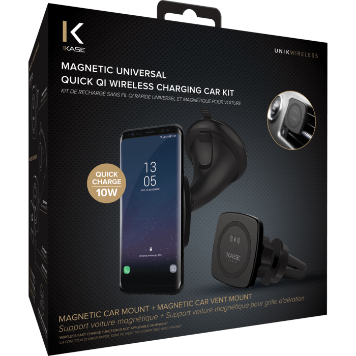 Kit de recharge sans fil Qi rapide universel et magn&eacute;tique pour voiture (Charge rapide-10W), Noir