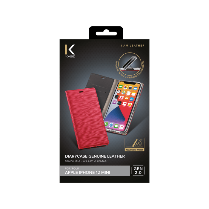 Diarycase 2.0 Coque clapet en cuir v&eacute;ritable avec support aimant&eacute; pour Apple iPhone 12 mini, Rouge Bordeaux