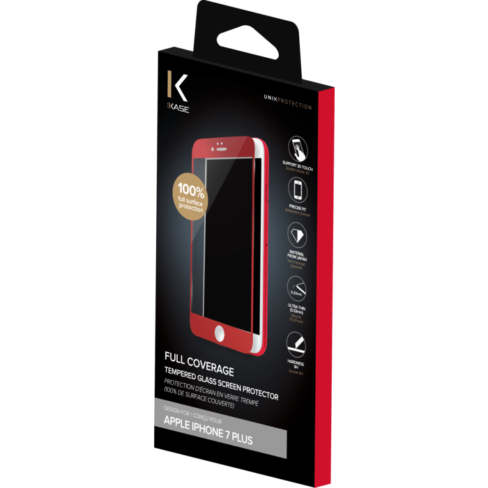 Protection d'écran en verre trempé (100% de surface couverte) pour iPhone 7 Plus, Rouge