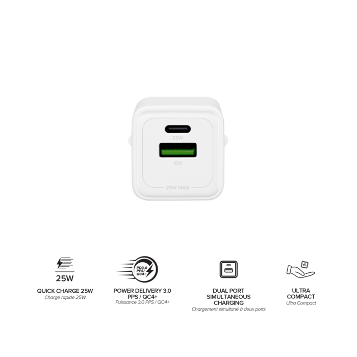 Chargeur Mural Double Port Supreme PowerLite GaN Fabriqu&eacute; Avec du 100% Plastique Recycl&eacute; - 25W (PPS), Blanc