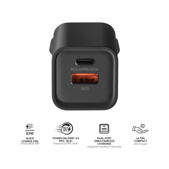 Chargeur Mural Double Port Supreme Power GaN Fabriqu&eacute; Avec du 100% Plastique Recycl&eacute; - 33 W (PPS), Noir