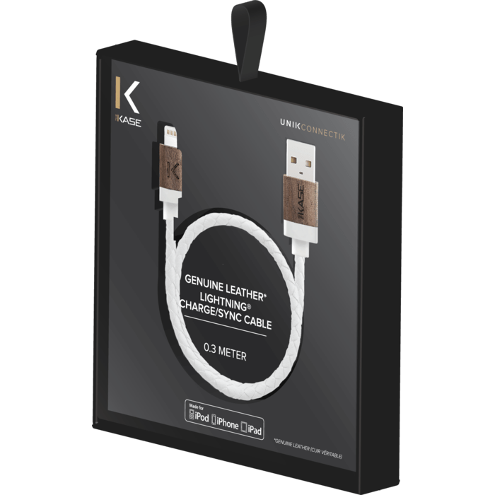 C&acirc;ble Lightning certifi&eacute; MFi Apple Charge/Sync (0.3M) Cuir veritable Bois de Noyer Blanc