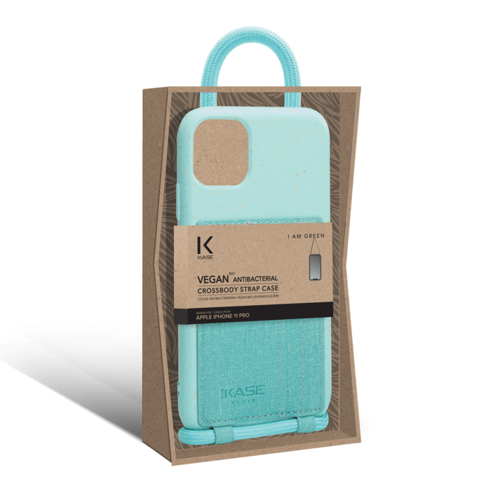 Coque antibact&eacute;rienne Vegan bio en bandouli&egrave;re pour Apple iPhone 11, Vert brumeux