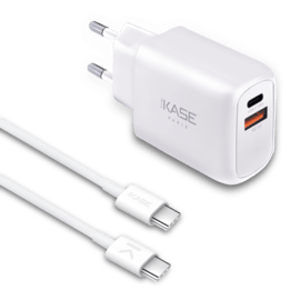Chargeur mural PowerPort Speed LITE 20 W double USB UE + câble de charge/synchronisation rapide USB-C vers USB-C, blanc