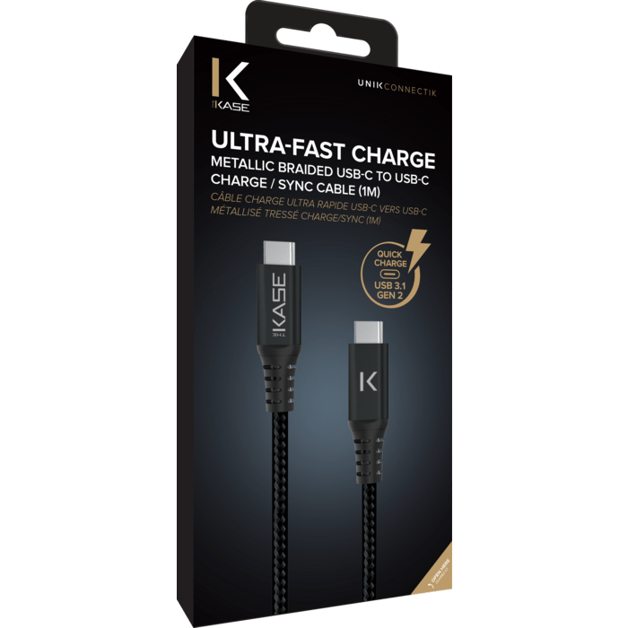 (O) Câble USB 3.1 Gen 2 charge rapide USB-C vers USB-C métallisé tressé Charge/sync (1M), Noir