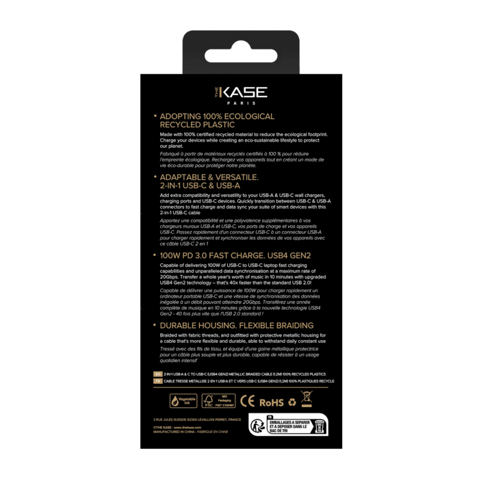 Câble tressé métallique 2-en-1 USB-A & C vers USB-C (USB4 GEN2) fabriqué avec des plastiques 100% recyclés (1,2M)