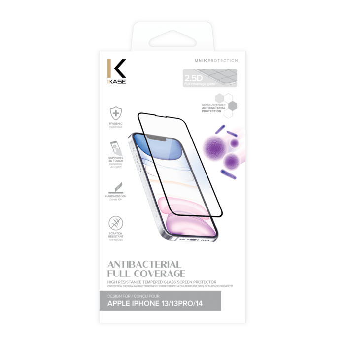 Protection d&rsquo;&eacute;cran antibact&eacute;rienne en verre tremp&eacute; ultra-r&eacute;sistant (100% de surface couverte) pour Apple iPhone 13/ 13Pro/ 14, Noir