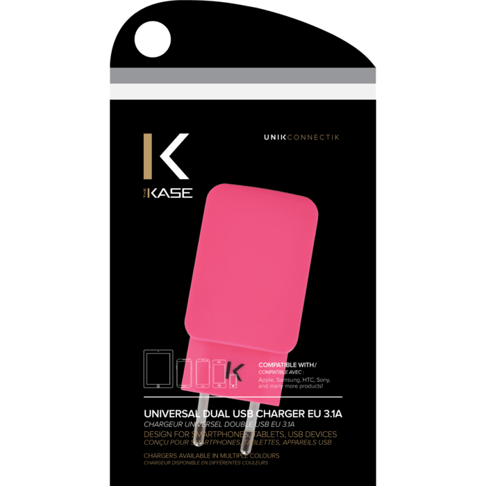 Chargeur Universel Double USB (EU) 3.1A, Rose Bonbon