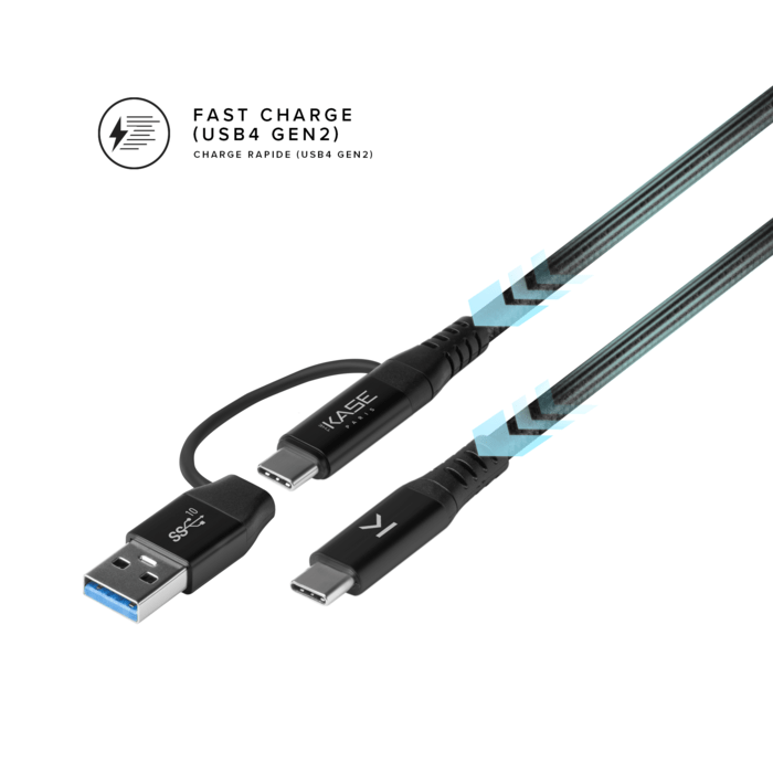 Câble tressé métallique 2-en-1 USB-A & C vers USB-C (USB4 GEN2) fabriqué avec des plastiques 100% recyclés (1,2M)