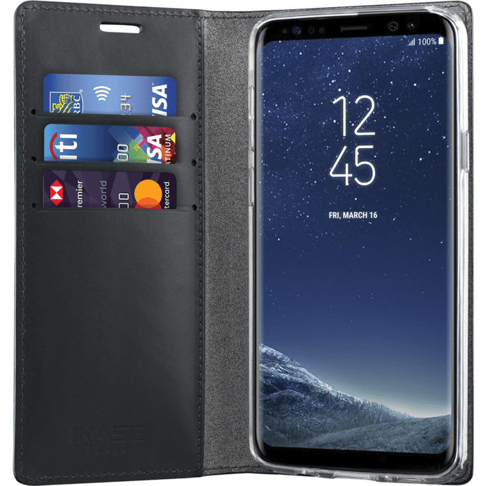 Diarycase Coque clapet en cuir véritable avec support aimanté pour Samsung Galaxy S9+, Noir Lézard