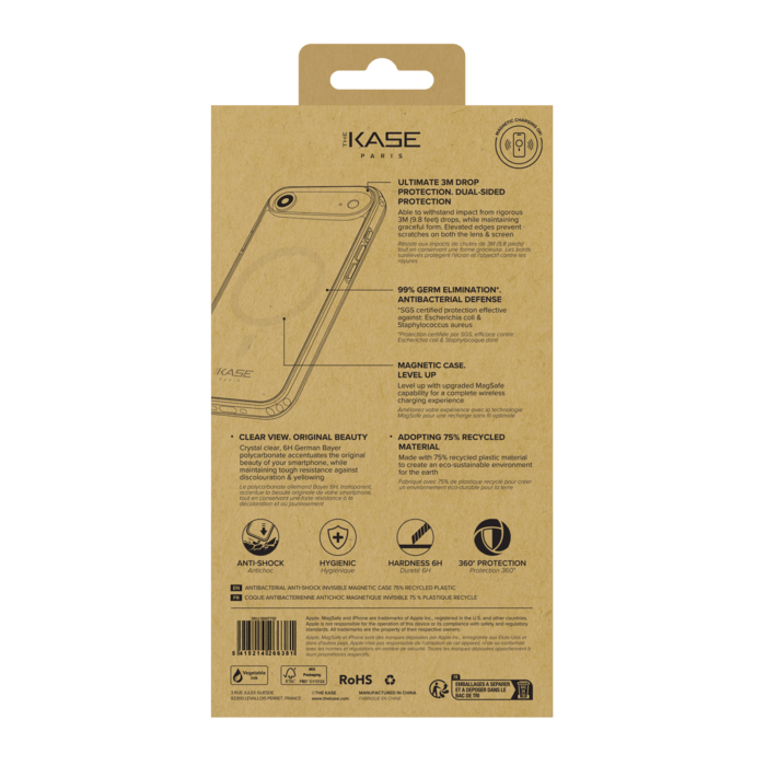 Coque antibact&eacute;rienne antichoc magn&eacute;tique invisible Fabriqu&eacute; Avec du 75% Plastique Recycl&eacute; pour Apple iPhone Air, Transparente