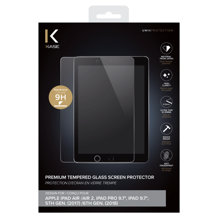 Protection d'écran premium en verre trempé pour Apple iPad Air/Air 2/iPad Pro 9,7 pouces/iPad 5e/6e generation, Transparent