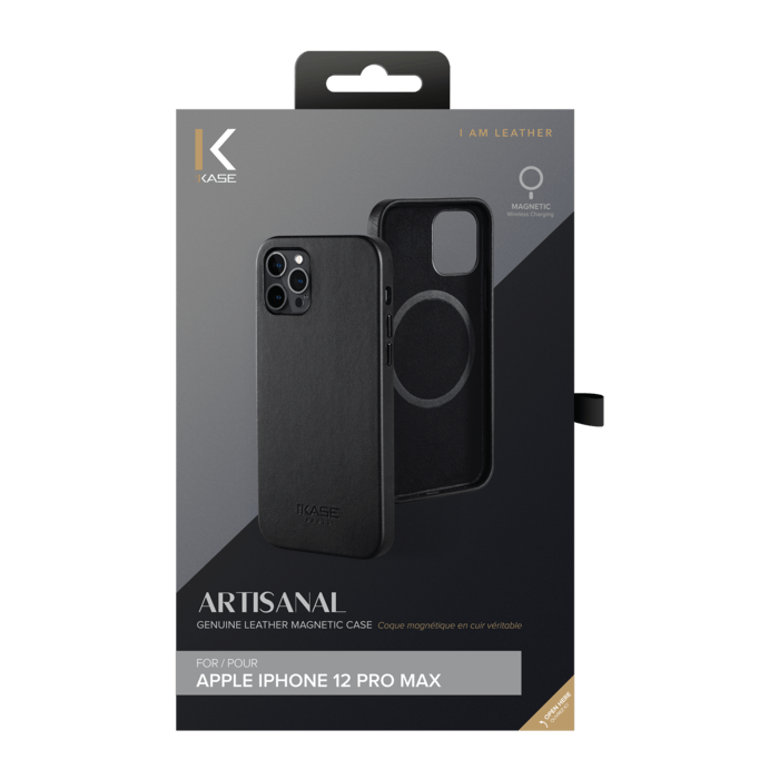 Coque magn&eacute;tique en cuir v&eacute;ritable artisanal pour Apple iPhone 12 Pro Max, Minuit Noir