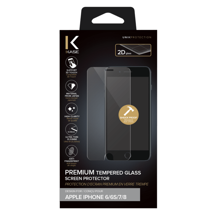 Protection d'&eacute;cran premium en verre tremp&eacute; pour Apple iPhone 6/6s/7/8, Transparent