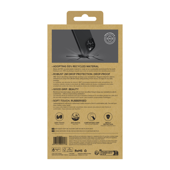 Coque antichoc en gel de silicone doux pour 55% de plastique recycl&eacute; Apple iPhone 16 Pro, Noir satin