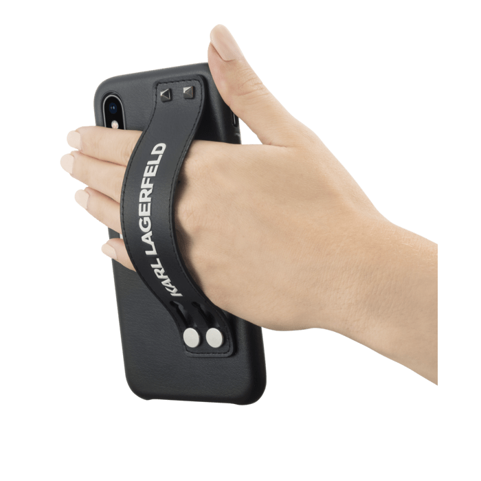 Coque Karl Lagerfeld clout&eacute;e avec dragonne int&eacute;gr&eacute;e et support pour Apple iPhone X/XS, Noir