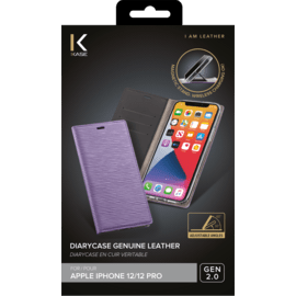 Diarycase 2.0 Coque clapet en cuir v&eacute;ritable avec support aimant&eacute; pour Apple iPhone 12/12 Pro, Violet Lilas
