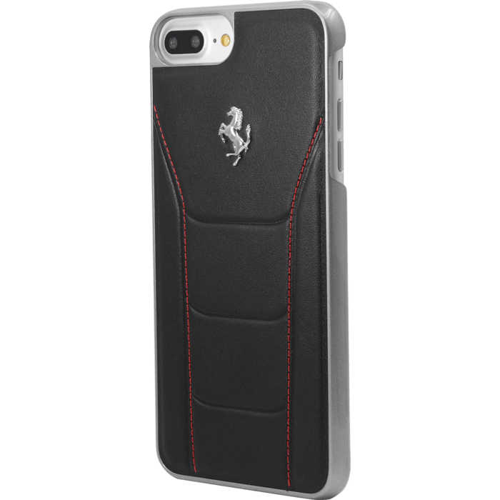 Ferrari 488 Coque en cuir veritable pour Apple iPhone 6 Plus/ 6s Plus/ 7 Plus/ 8 Plus, Noir/Logo cheval argent