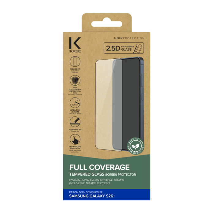 Protection d'&eacute;cran en verre tremp&eacute; (60% verre tremp&eacute; recycl&eacute;) pour Samsung Galaxy S26+ 5G, Noir