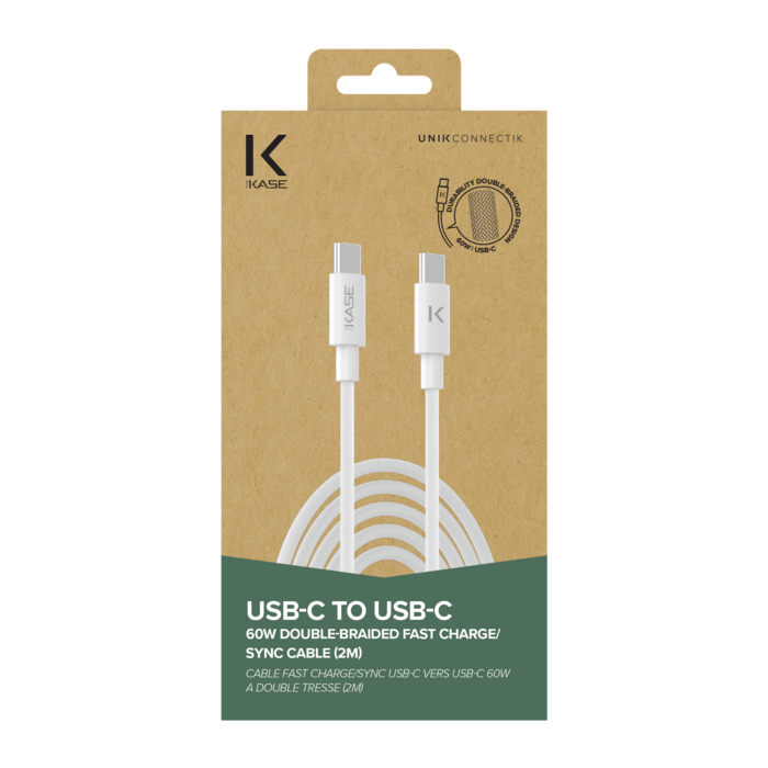 USB-C To USB-C 60W Double-Braided Fast Charge/Sync Cable (2M), White