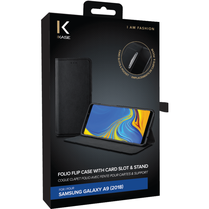 Custodia Folio Flip con slot per schede e supporto per Samsung Galaxy A9 2018, nero