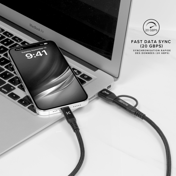 C&acirc;ble tress&eacute; m&eacute;tallique 2-en-1 USB-A & C vers USB-C (USB4 GEN2) fabriqu&eacute; avec des plastiques 100% recycl&eacute;s (1,2M)
