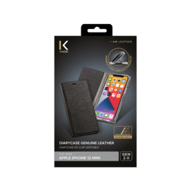 Diarycase 2.0 Coque clapet en cuir véritable avec support aimanté pour Apple iPhone 12 mini, Noir Minuit