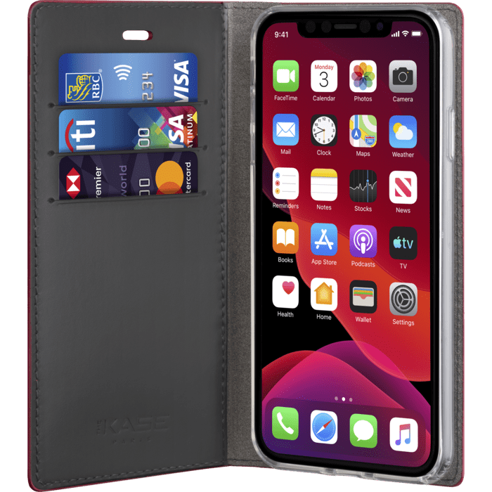 Diarycase 2.0 Coque clapet en cuir v&eacute;ritable avec support aimant&eacute; pour Apple iPhone 11 Pro Max, Rouge Bordeaux