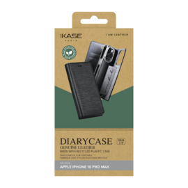Diarycase 2.0 Coque clapet en cuir v&eacute;ritable avec support aimant&eacute; et fabriqu&eacute; avec un &eacute;tui en plastique recycl&eacute; pour Apple iPhone 16 Pro Max, Noir Minuit
