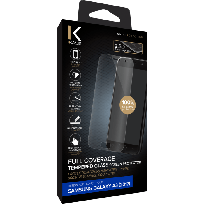 Protection d'&eacute;cran en verre tremp&eacute; (100% de surface couverte) pour Samsung Galaxy A3 (2017), Transparent