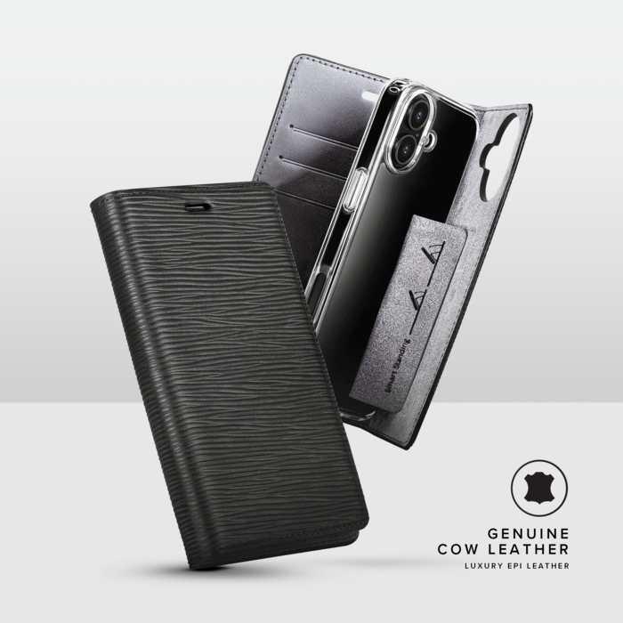 Diarycase 2.0 Coque clapet en cuir v&eacute;ritable avec support aimant&eacute; et fabriqu&eacute; avec un &eacute;tui en plastique recycl&eacute; pour Apple iPhone 16, Noir Minuit