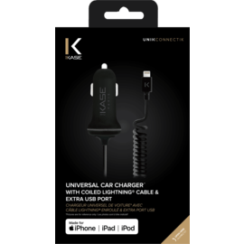 Universal Car charger with 1.2m coiled MFi Lightning cable & extra USB Port