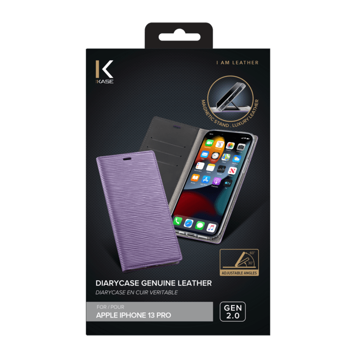 Diarycase 2.0 Coque clapet en cuir v&eacute;ritable avec support aimant&eacute; pour Apple iPhone 13 Pro, Violet Lilas