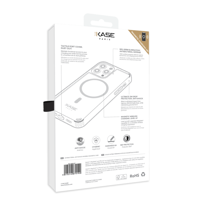 Coque antibactérienne antichoc magnétique invisible pour Apple iPhone 13 Pro Max, Transparente