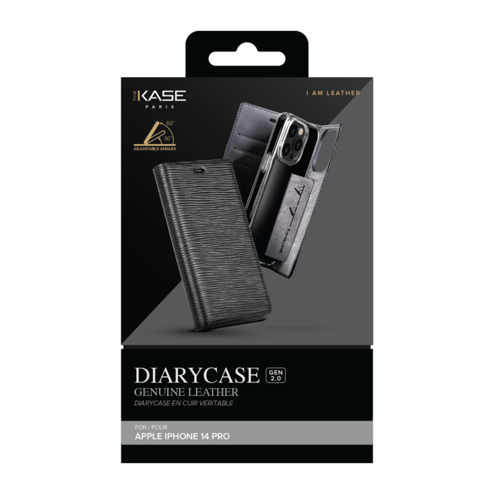 Diarycase 2.0 Coque clapet en cuir v&eacute;ritable avec support aimant&eacute; pour Apple iPhone 14 Pro, Minuit Noir
