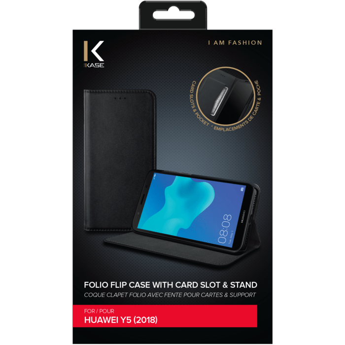 Coque clapet folio avec fente pour cartes & support pour Huawei Y5 (2018) , Noir