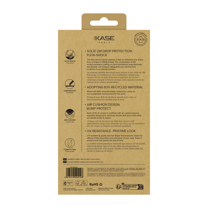 Coque hybride invisible fabriqu&eacute; avec 83% de plastique recycl&eacute; pour Samsung Galaxy S25 5G, Transparente