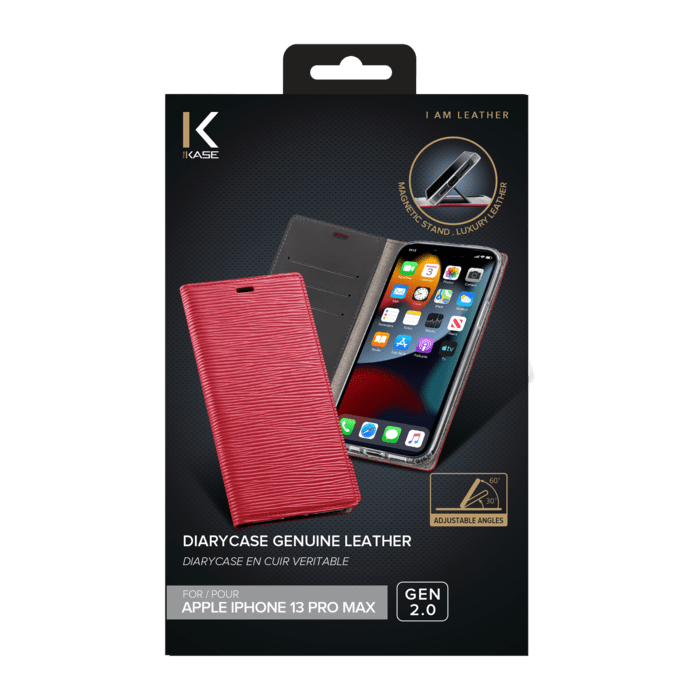 Diarycase 2.0 Coque clapet en cuir véritable avec support aimanté pour Apple iPhone 13 Pro Max, Rouge Bordeaux
