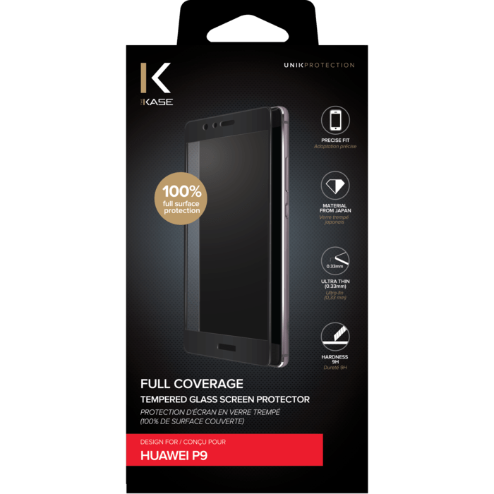 Protection d'&eacute;cran en verre tremp&eacute; (100% de surface couverte) pour Huawei P9, Noir