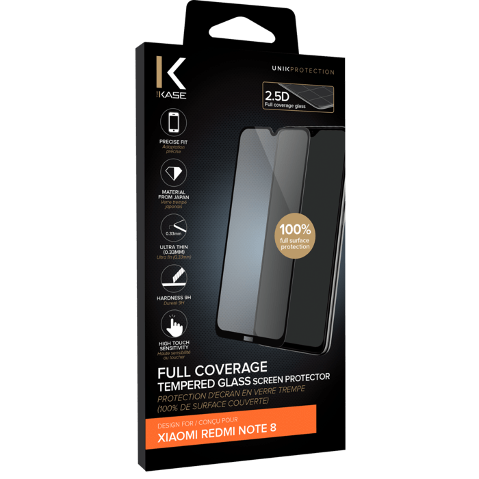 (O) Protection d'&eacute;cran en verre tremp&eacute; (100% de surface couverte) pour Xiaomi Redmi Note 8, Noir