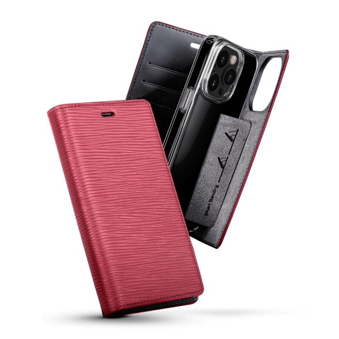 Diarycase 2.0 Coque clapet en cuir v&eacute;ritable avec support aimant&eacute; pour Apple iPhone 14 Pro Max, Rouge Bordeaux