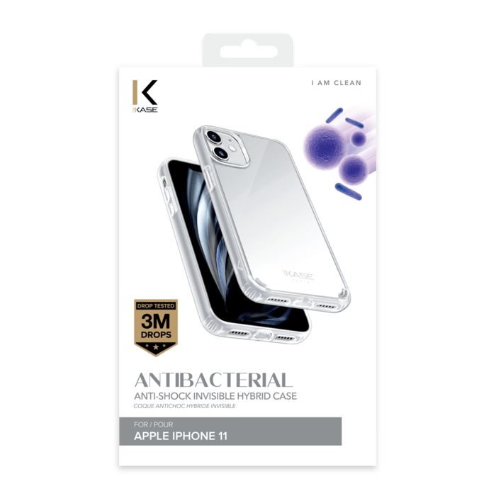 Coque antibactérienne antichoc hybride invisible pour iPhone 11, Transparente